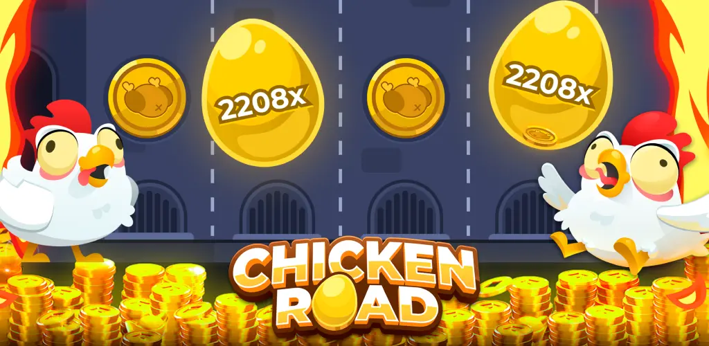 Chicken Road Game banner with two cartoon chickens, 2208x golden eggs and scattered coins